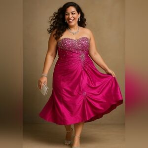 Formal, Beautiful Fuchsia/pink Beaded Strapless Dress. Size 18